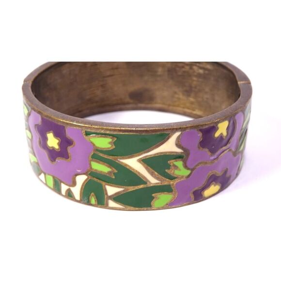 Vintage Neiman Marcus Lee Angel Brass Enamel Flower Hinge Cuff Bracelet NWT 198 - Picture 6 of 11